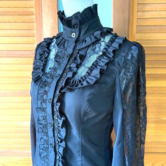 Gothic Victorian EGL Broody Afternoons High Neck Lace Sleeve Shirt S - Picture 5 of 8